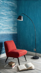 Modern interior design with red chair black floor lamp and books for reading relaxation and home decor