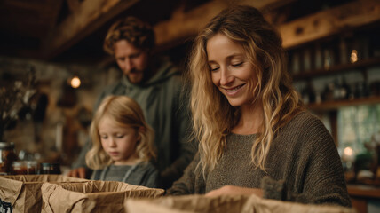 Obraz premium Family engages in eco-friendly waste sorting in a cozy cabin atmosphere