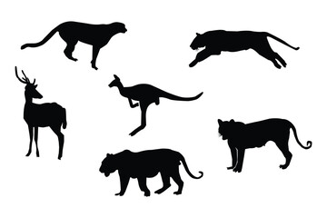 A black and white animal illustration. Animal silhouettes black vector