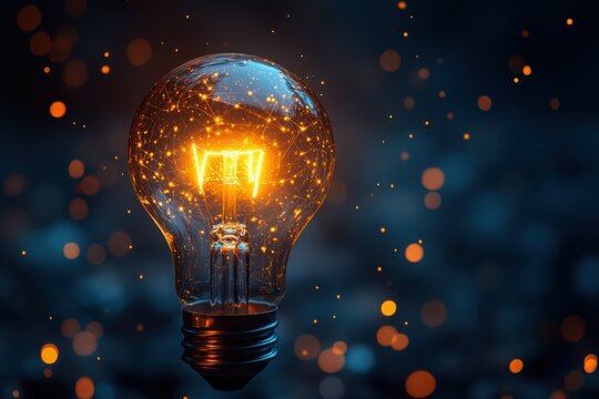 A light bulb is lit up in a dark room with a lot of light shining on it