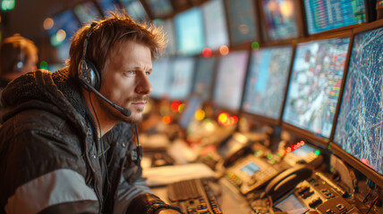 Focused air traffic controller managing flight operations in a busy control room