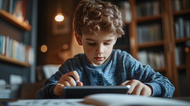 Focused boy solves a math problem on a tablet in a cozy library setting