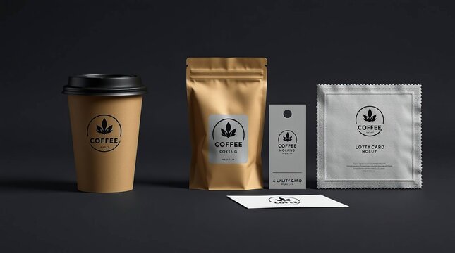 Coffee packaging mockup set.  A craft paper coffee cup, foil coffee bag, and  a loyalty card set on a dark background