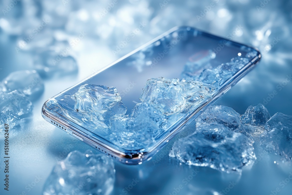 Poster a phone is sitting on a table with ice cubes surrounding it