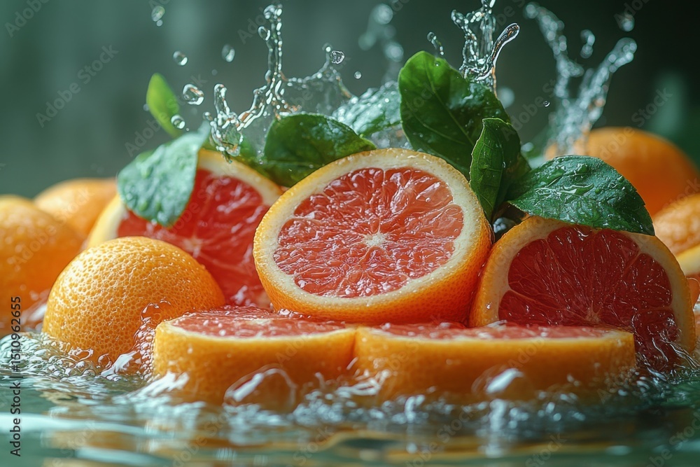 Poster a bunch of oranges and grapefruit are floating in a pool of water