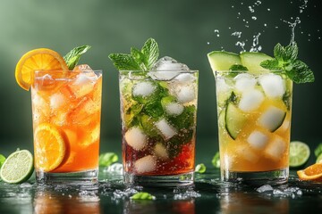 Three glasses of different colored drinks with ice cubes in them