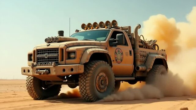 Post-Apocalyptic War Truck with Scrap Armor and Spikes in Desert Wasteland, Smoke-Filled Background, Mad Max Style Combat Vehicle

