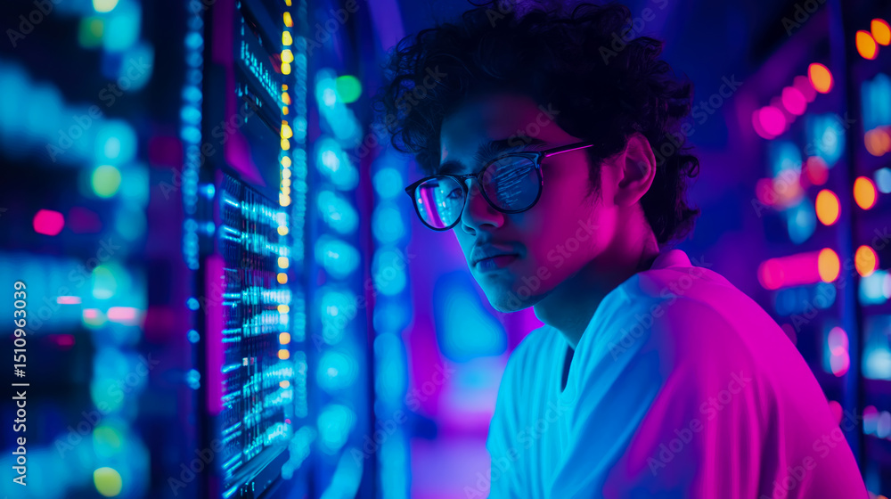 Poster cybersecurity expert reviewing server data in neon lit datacenter