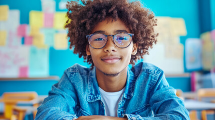 A portrait of a smart young student in classroom, Concept: back to school, academic achievement