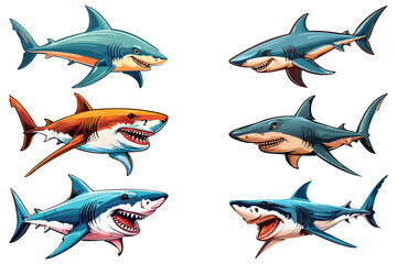 Terrifying Shark with open mouth and showing sharp teeth, attack, Cartoon illustration of a  Attacking shark, Aggressive Shark Angry Bite, set
