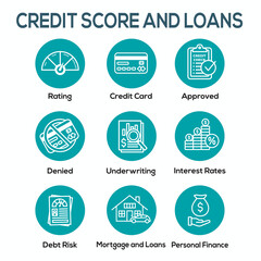 Credit Score and Loans Icon Set with Approved Credit Underwriting Interest Rates Debt Mortgage Refinance