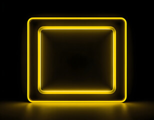 neon yellow square frame  with free space between and with rounded edges dimly glowing with light on dark background, copy space, empty yellow neon frame on black background
