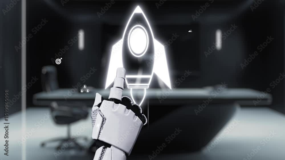 Aufkleber a futuristic robot hand interacts with a digital display featuring a holographic rocket and various 