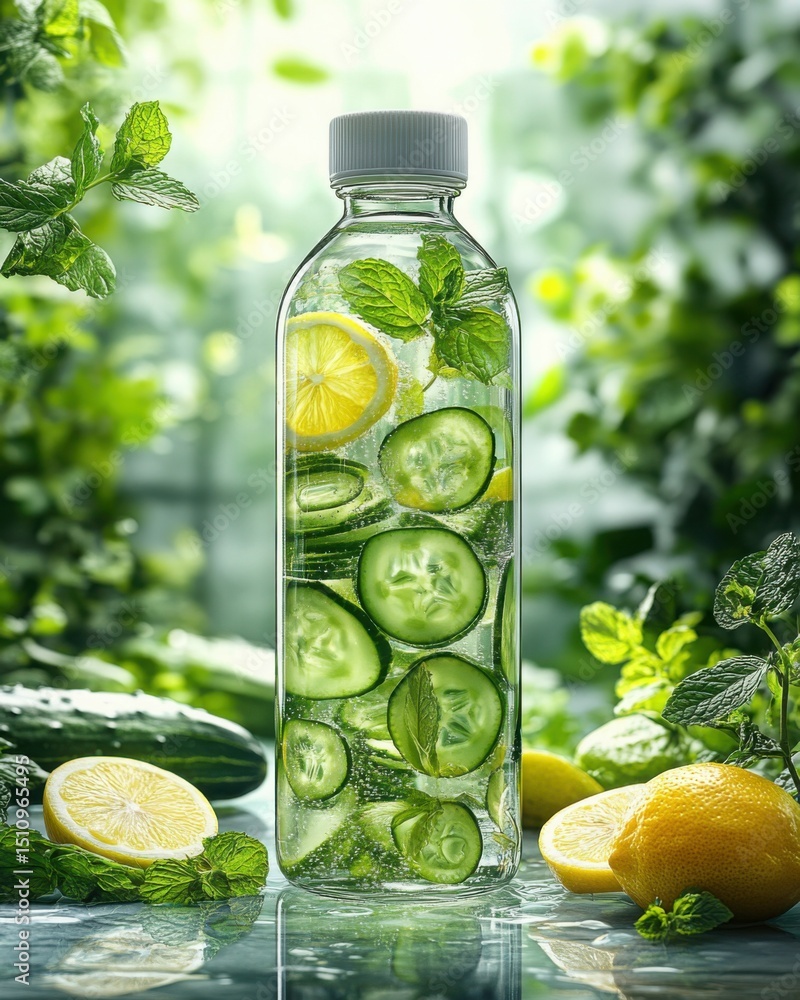 Poster a bottle of water with cucumbers and lemon slices in it