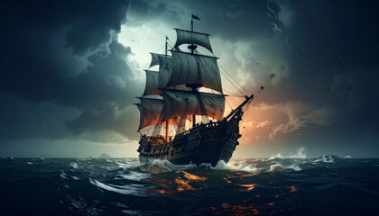 Epic Galleon Sailing Through a Dramatic Stormy Sea