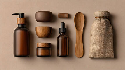 Minimalist flat lay of natural cosmetic products with amber glass bottles and wooden containers for spa and wellness