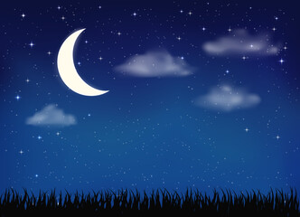 white moon, clear, starry night with bright, twinkling stars against a rich dark blue sky with clouds background