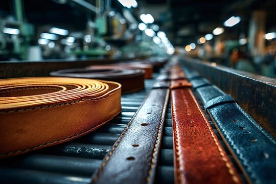 Leather belts and strips moving on conveyor belt in a factory