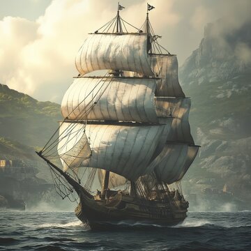 A ship from the 1600s traverses the water with its sails fully extended