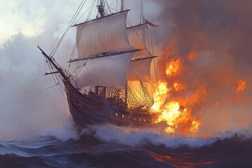 A majestic sea battle ship generates stock in the context of ocean marine war