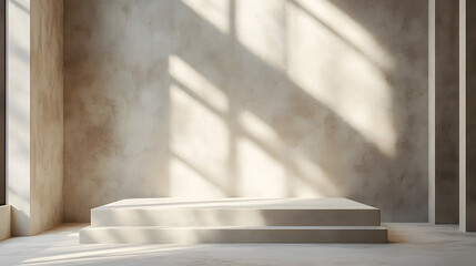 Backdrop light beige podium display for product. Interior room with sunlight and shadows on beige concrete wall surface