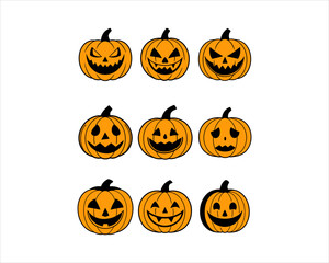 Halloween Jack-o'-Lantern Pumpkin Faces Vector Set – 9 Scary, Cute, Funny Carved Pumpkins for Party, Poster, and Fall Designs.