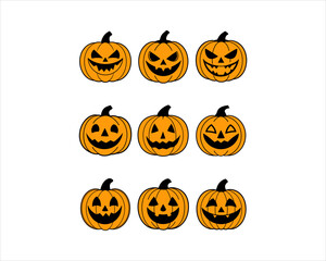 Halloween Jack-o'-Lantern Pumpkin Faces Vector Set – 9 Scary, Cute, Funny Carved Pumpkins for Party, Poster, and Fall Designs.