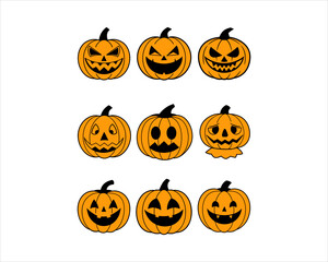 Halloween Jack-o'-Lantern Pumpkin Faces Vector Set – 9 Scary, Cute, Funny Carved Pumpkins for Party, Poster, and Fall Designs.