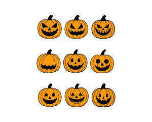 Halloween Pumpkin Vector Set – Scary, Spooky, Cute, Hpayy, Angry, Sad and Evil Jack-o'-Lantern Faces – Carved Pumpkin Illustration for Halloween Design.