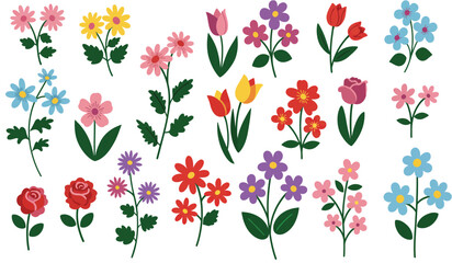 Collection of spring colorful flower elements vector. Set floral of wildflower, leaf branch, foliage on white background. Hand drawn blossom illustration for decor, easter, thanksgiving, clipart.
