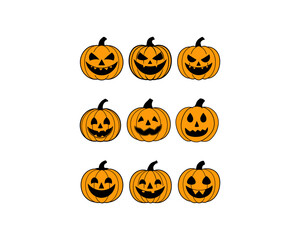 Halloween Pumpkin Vector Set – Scary, Spooky, Cute, Hpayy, Angry, Sad and Evil Jack-o'-Lantern Faces – Carved Pumpkin Illustration for Halloween Design.