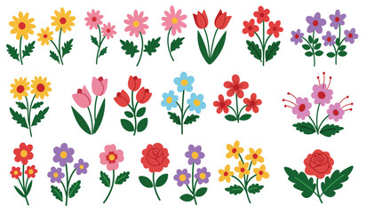 Collection of spring colorful flower elements vector. Set floral of wildflower, leaf branch, foliage on white background. Hand drawn blossom illustration for decor, easter, thanksgiving, clipart.