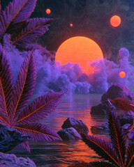 Illustration: gradient purple cannabis leaf and abstract aromas represented by smoke and spheres representing cannabis compounds. This is cannabis-themed art.