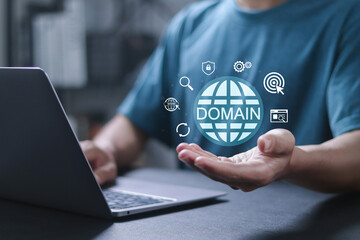 DNS domain name system and web server network system concept. Domain registration, website name,...