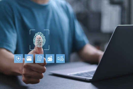 Access security personal data on scan fingerprint identification, Cybersecurity and privacy to protect data. Biometric cyber security concept.