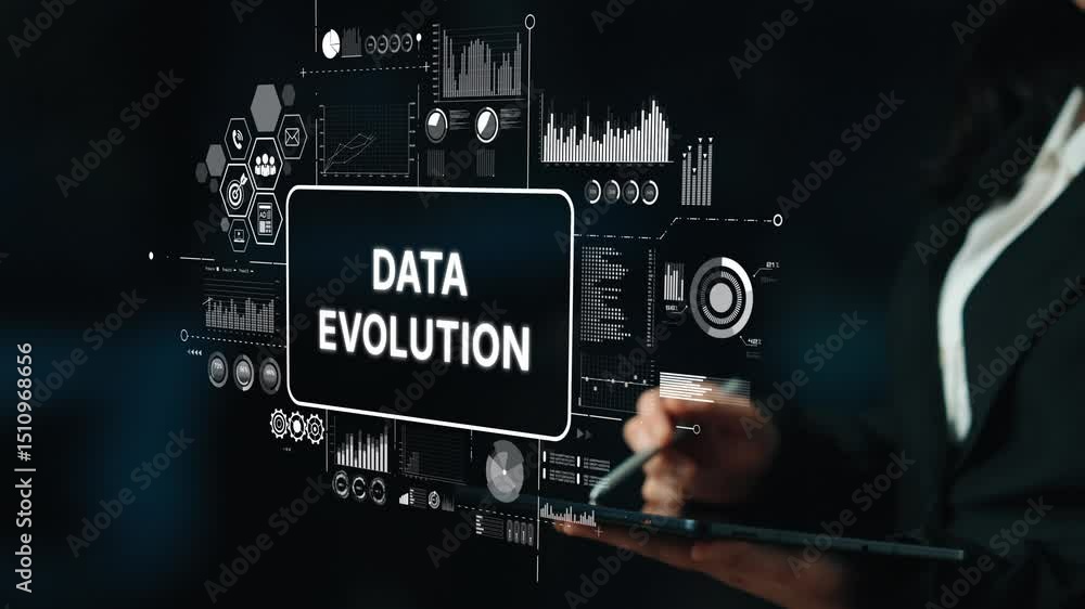 Poster professional businesswoman analyzing data evolution concepts with digital graphics in modern office 