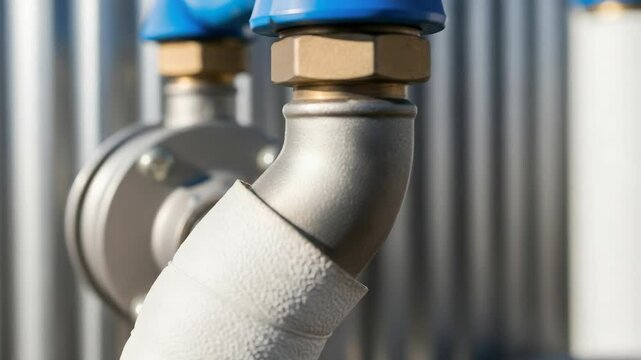 Industrial pipe system with stainless steel pipes and blue valve. Pipe system includes metallic elbow joints and insulation material. Detailed pipe system photography for industrial design projects.