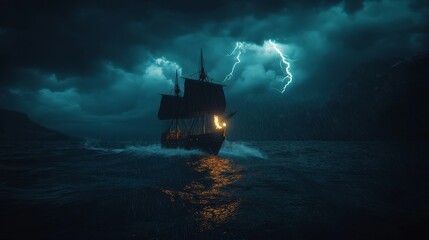 Fototapeta premium A massive storm with powerful lightning strikes and dark clouds engulfs an ancient sailing ship as it struggles through turbulent waters at night