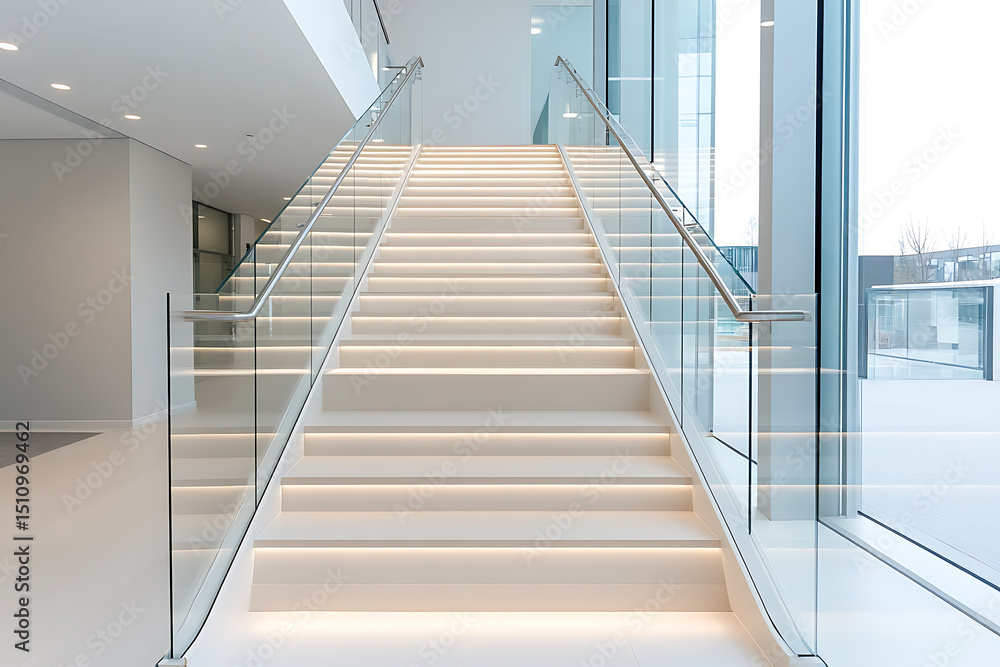 Poster illuminated white staircase with glass railing in a modern building, creating a bright and elegant a