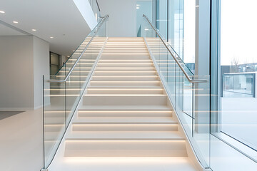 Illuminated white staircase with glass railing in a modern building, creating a bright and elegant architectural feature. Clean lines and ample natural light.