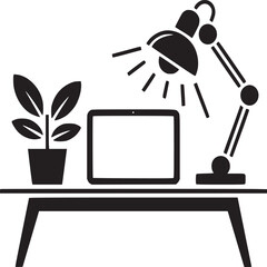 Illustration of a graphic tablet with pen and lamp above on a white background