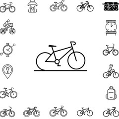 Simple black outline bicycle graphic surrounded by other cycling icons
