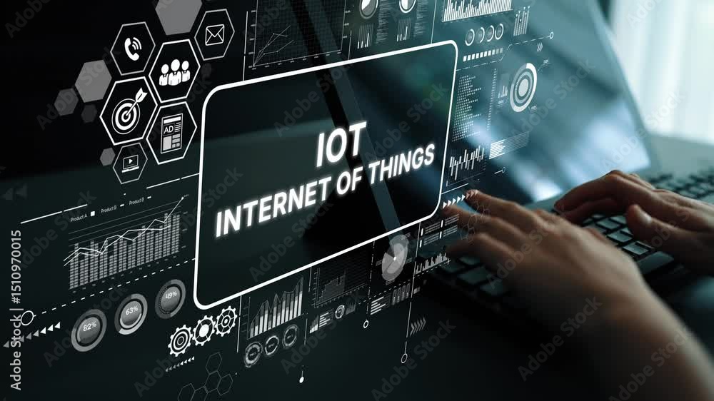 Fototapete Hands Typing on Keyboard with Digital Interface Displaying Internet of Things Concepts and Data Visualizations. Asymptotic smart data analytic.