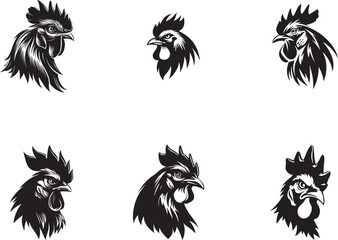 Set of Minimalist Roosters – Full Body Line Art Chickens in Black and White