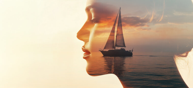 Double exposure of woman profile and sailing boat at sunset, symbol of freedom and emotion