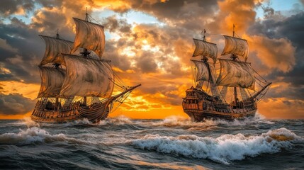 Obraz premium In the aftermath of a maritime clash, elderly ships break down and deteriorate on the waves at sunset, situated within a fictional pirate world
