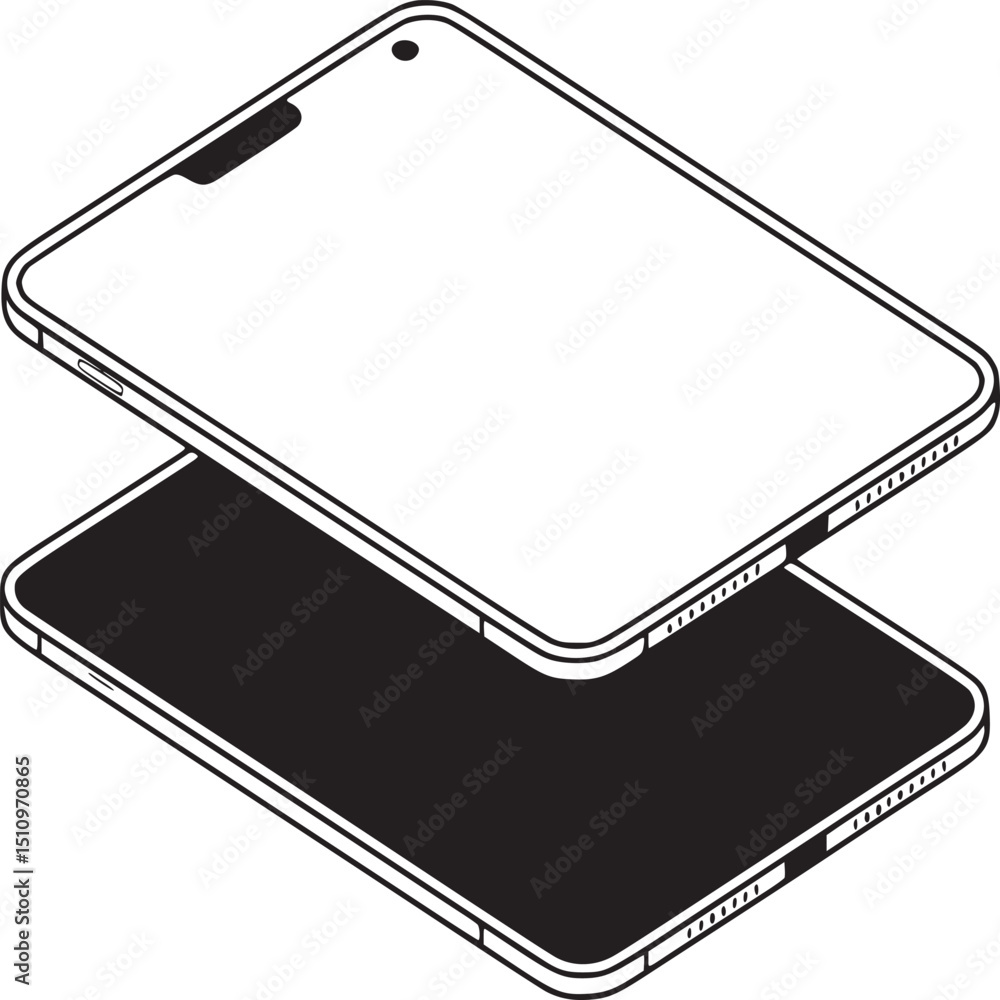 Poster isometric view of a foldable tablet with user interface on a white background