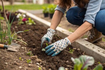 Fototapeta premium A woman is carefully planting flower and vegetable seeds in her beautiful garden today