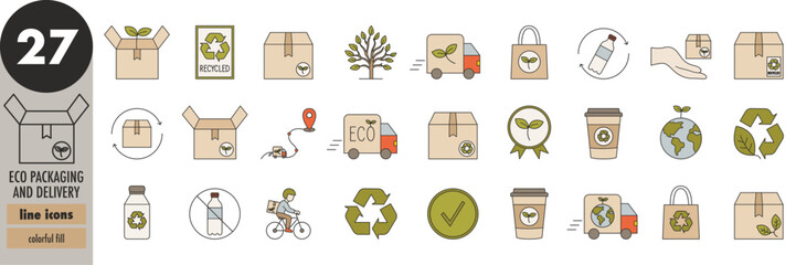 Eco-friendly packaging and delivery - thin line icons set, colorful fill. Recycled, biodegradable, eco, box, container, bag, plastic free, recyclable, electric vehicle, vector illustration