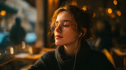 A serene young woman with glasses and earbuds listens to music, finding a peaceful moment with her eyes closed in a warm, sunlit cafe